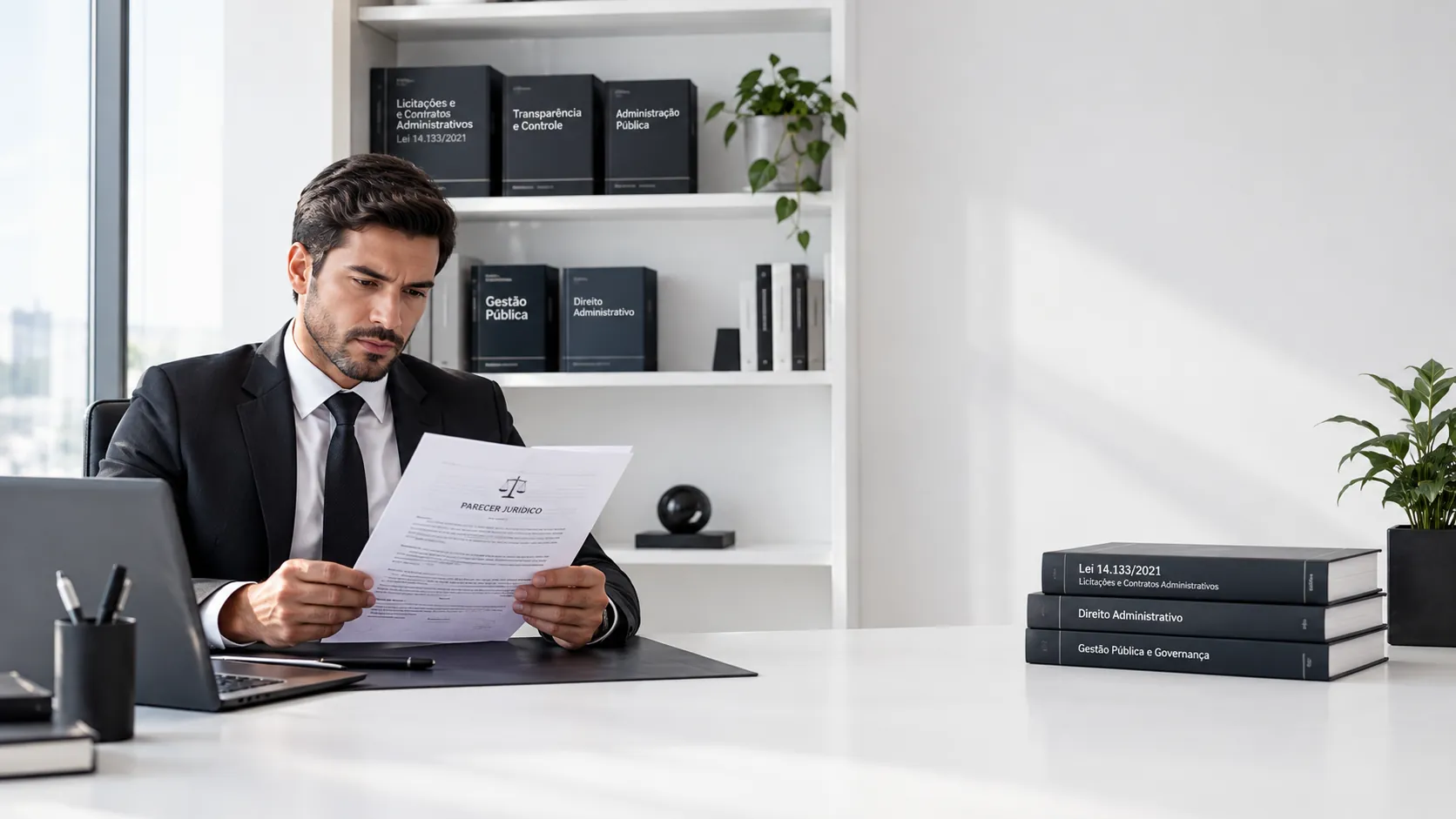 Advogado analisa um parecer jurídico em um escritório claro, com livros de direito administrativo